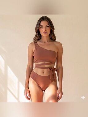 Terra Cotta One Shoulder Asymmetrical Bikini Set High Waist Wrap Detail Size M